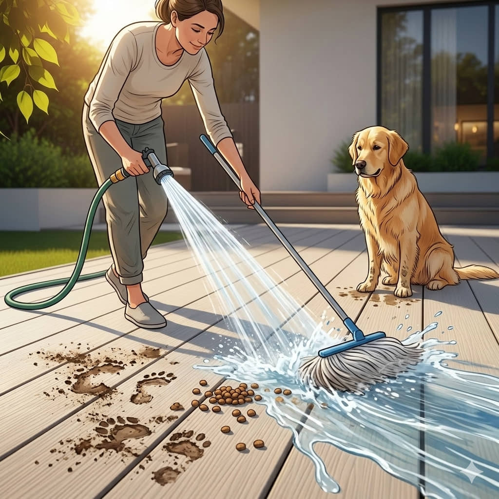 美新塑木表面幾乎不吸水的防護層,不僅好沖洗,更是不沾味~