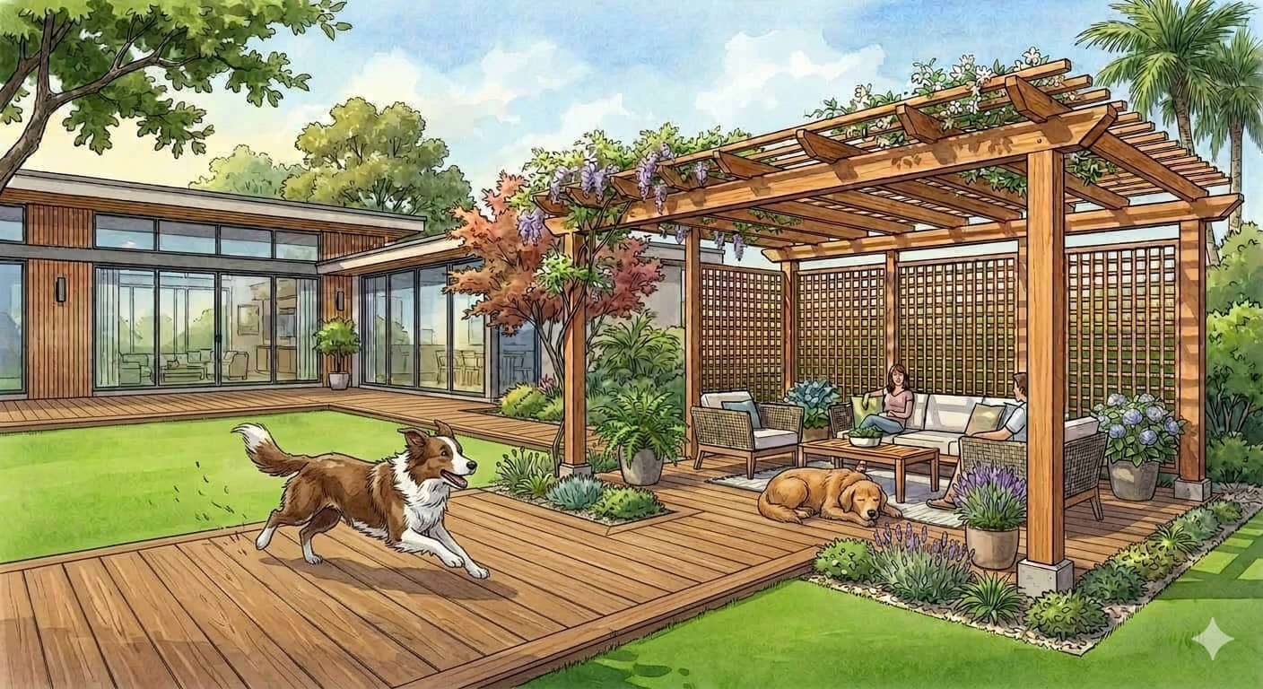 加裝花架、遮陽傘或遮陽棚來遮陰。添加草皮、植物和樹木,不僅可以提供陰涼,還可以為您的戶外庭園增添裝飾。