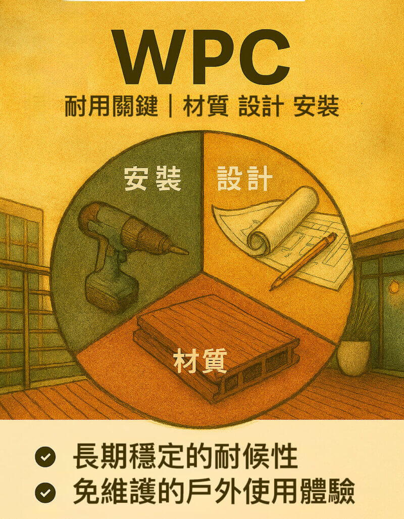 長期穩定的耐候性、免維護的戶外使用體驗,主要端賴於塑木產品品質、專業的設計規劃與安裝。「材質 × 設計 × 安裝」三者缺一不可的關鍵。