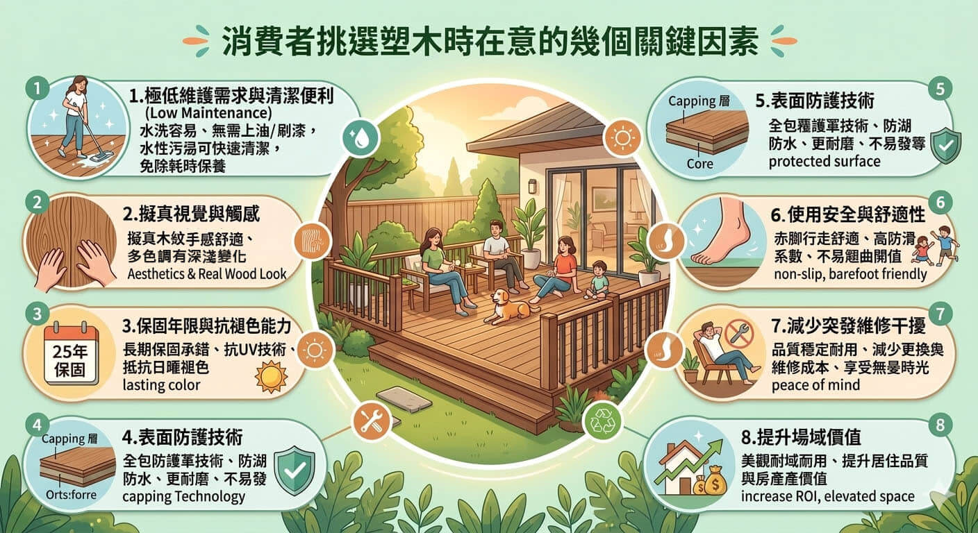 消費者挑選塑木時在意的幾個關鍵因素