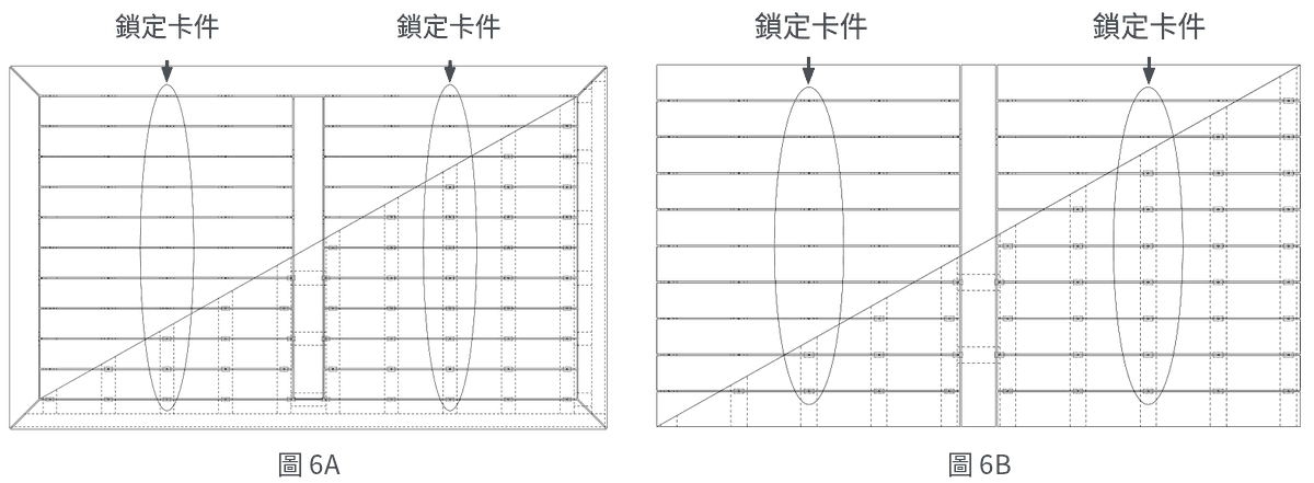 原廠安裝說明圖 6A、6B:以隔斷板分區的兩種鋪法,鎖定卡件都位於每一塊板的中間